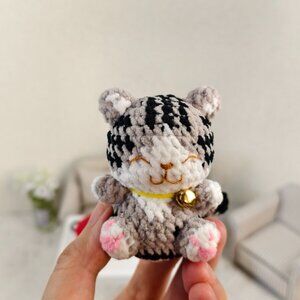 Handmade Amigurumi Crochet Gray and White Smiling Cat Plushie